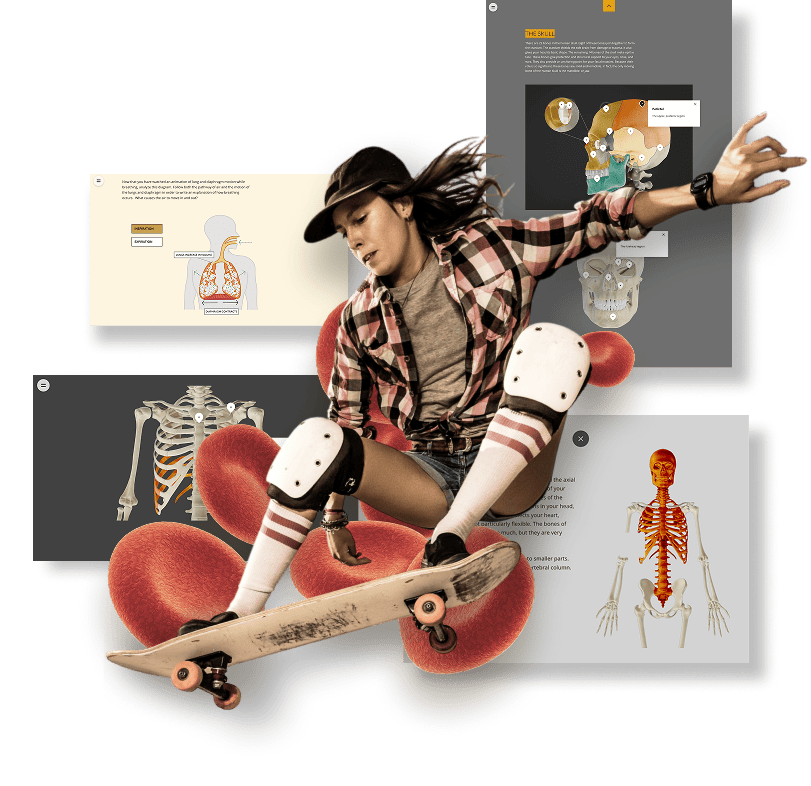 Girl doing a flip on her skateboard with red blood cells behind her. Behind her are also 4 screens within the course.