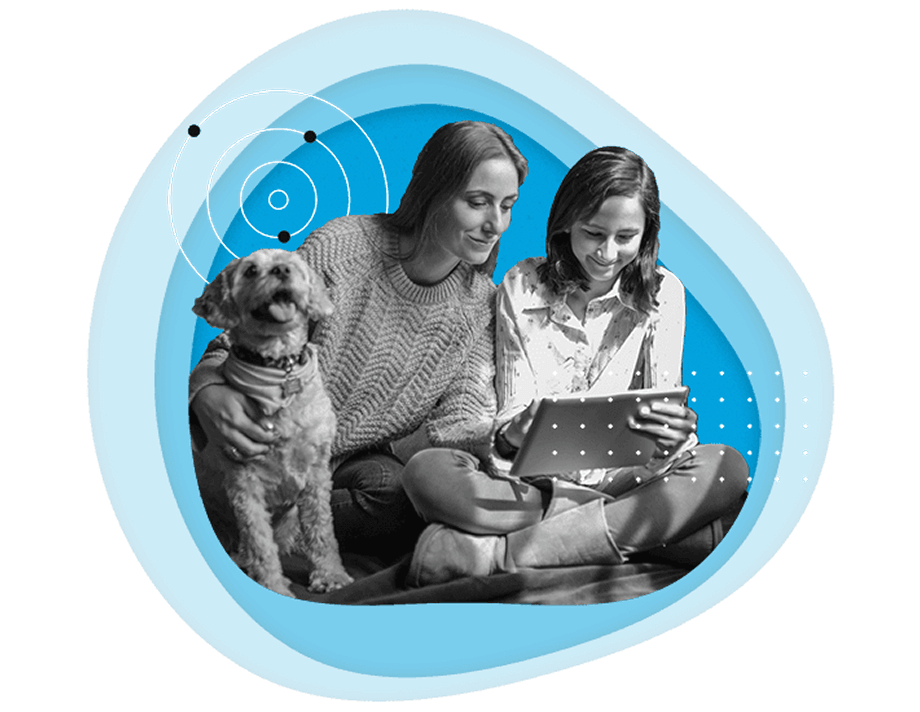 Student, parent, and dog learning online